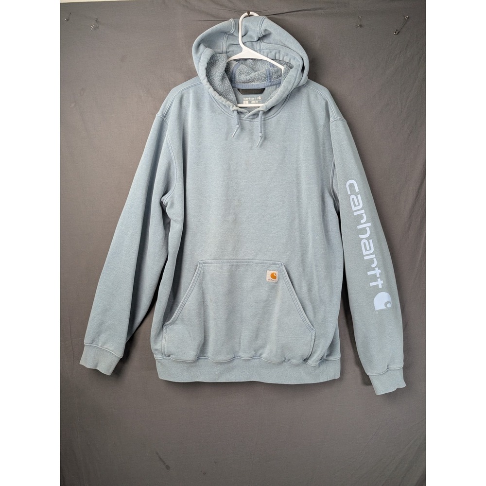 Carhartt Mens Loose Fit Midweight Logo Sleeve Hoodie Light Blue L Tall